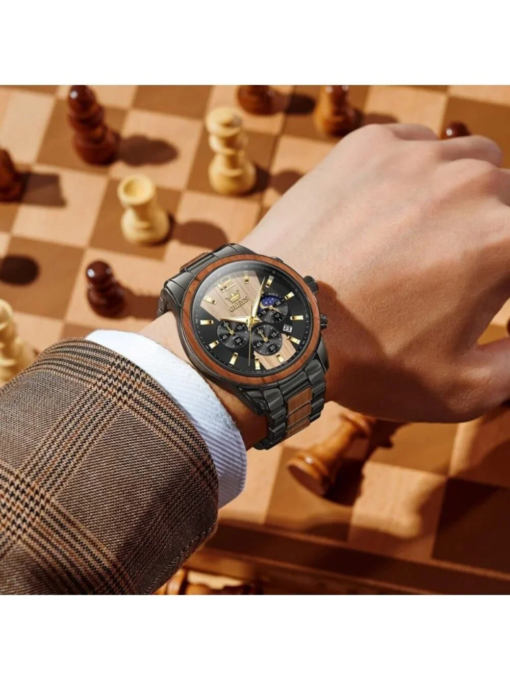 Men's Brown Quartz Stainless Steel Waterproof Luminous Date Luxury Wooden Watch
